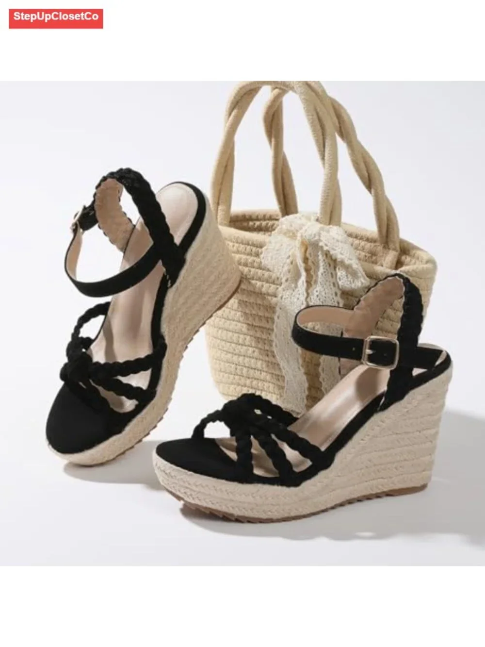 Wedge Sandals Braided Bow Espadrilles Platform Open Toe Ankle Strap
